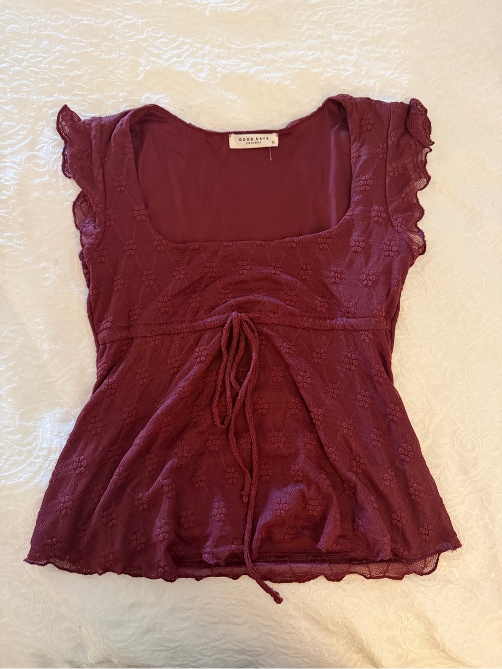 Burgundy Lace-Texture Women's Tie-Front Top